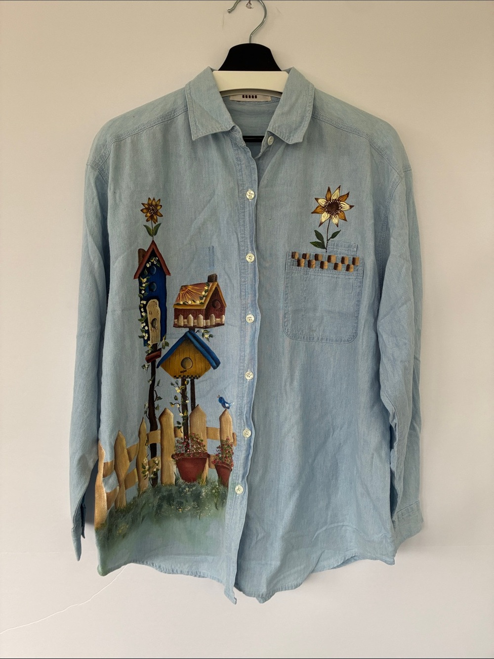 Hand-Painted Clementine Women’s Vintage 90s Chambray Button-Down Shirt Birdhouse